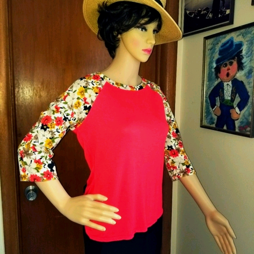 Roly Poly Red Top with Floral Sleeves M